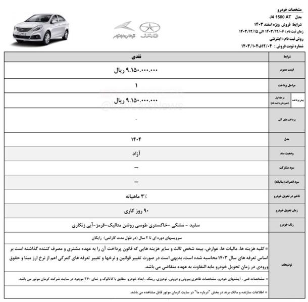 شرایط جدید فروش نقدی خودرو جک J4 (اسفند 1403)